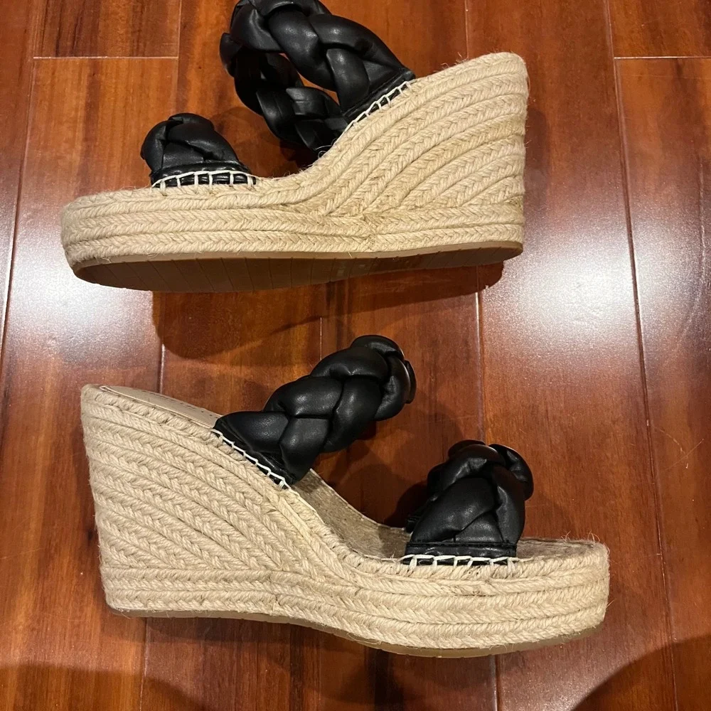 Black Espadrille Wedge Sandals Shoes Kenneth Cole Olivia Braid Rattan New Sz 9.5